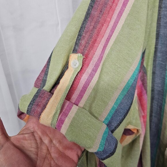 Roaman's Green Rainbow Striped Peasant Blouse Pintuck Festival 32W - Picture 5 of 10